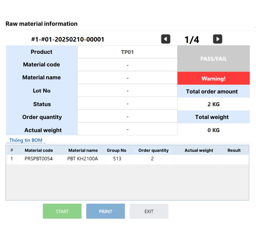 The display presents the raw material weight data sent to MES-X